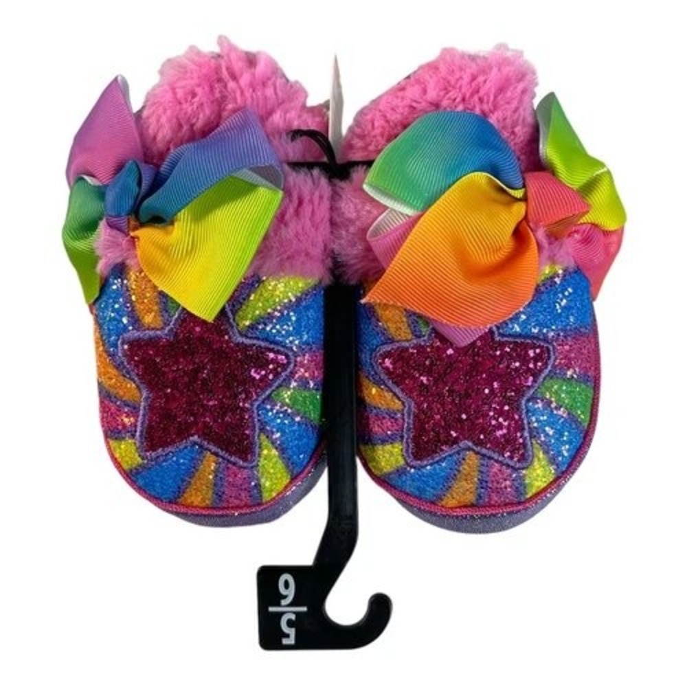 JoJo Siwa Rainbow Star Glitter Slippers Toddler 7/8 Pink Multi New Faux Fur Bows